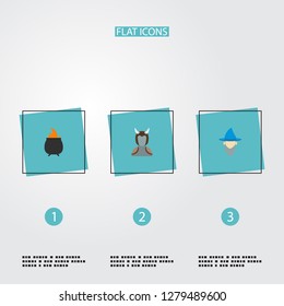 Set of cartoon icons flat style symbols with fire, magician, orc and other icons for your web mobile app logo design.