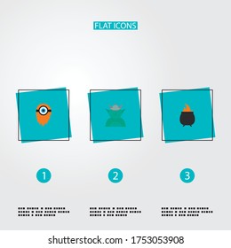 Set of cartoon icons flat style symbols with fire, cyclop, character and other icons for your web mobile app logo design.
