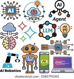 Set of cartoon icons generative AI, artificial intelligence agent robotics.