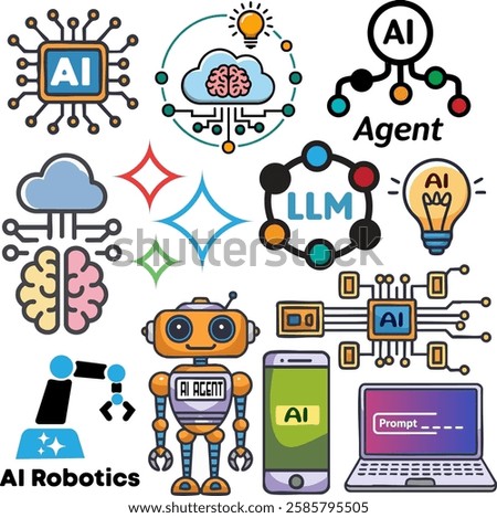 Set of cartoon icons generative AI, artificial intelligence agent robotics.