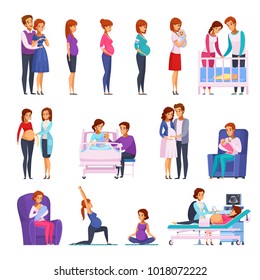 Set of cartoon icons with gymnastics during pregnancy, medical examination, childbirth, newborn, happy family isolated vector illustration   