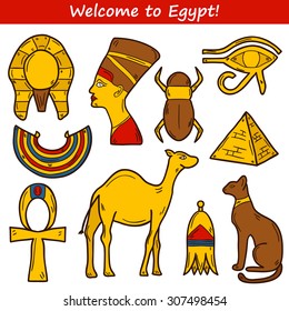 Set of cartoon icons in hand drawn style on Egypt theme: pharaoh, Nefertiti, camel, pyramid, scarab, cat, eye. Africa travel concept for your design