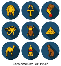 Set of cartoon icons in hand drawn style on Egypt theme: pharaoh, Nefertiti, camel, pyramid, scarab, cat, eye. Africa travel concept for your design