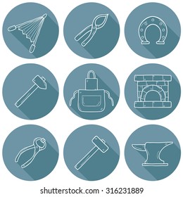 Set of cartoon icons in hand drawn style on blacksmith theme: horseshoe, sledgehammer, vise, oven for your design