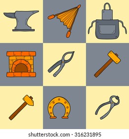 Set of cartoon icons in hand drawn style on blacksmith theme: horseshoe, sledgehammer, vise, oven for your design