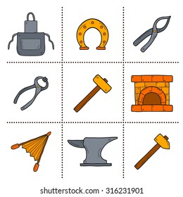 Set of cartoon icons in hand drawn style on blacksmith theme: horseshoe, sledgehammer, vise, oven for your design