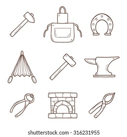 Set of cartoon icons in hand drawn style on blacksmith theme: horseshoe, sledgehammer, vise, oven for your design