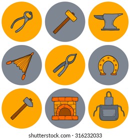 Set of cartoon icons in hand drawn style on blacksmith theme: horseshoe, sledgehammer, vise, oven for your design