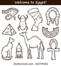 Set of cartoon icons in hand drawn style on Egypt theme: pharaon, nefertiti, camel, pyramid, scarab, cat, eye. Africa travel concept for your design