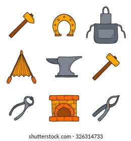 Set of cartoon icons in hand drawn style on blacksmith theme: horseshoe, sledgehammer, vise, oven for your design