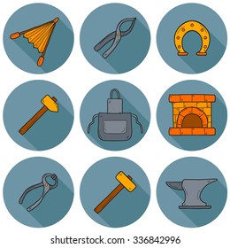 Set of cartoon icons in hand drawn style on blacksmith theme: horseshoe, sledgehammer, vise, oven for your design