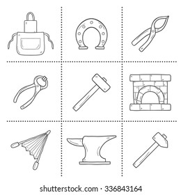 Set of cartoon icons in hand drawn style on blacksmith theme: horseshoe, sledgehammer, vise, oven for your design