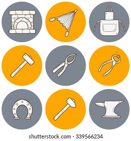 Set of cartoon icons in hand drawn style on blacksmith theme: horseshoe, sledgehammer, vise, oven for your design