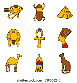 Set of cartoon icons in hand drawn style on Egypt theme: pharaon, nefertiti, camel, pyramid, scarab, cat, eye. Africa travel concept for your design