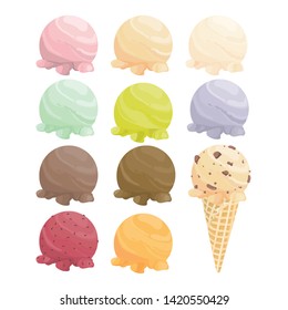 Set of cartoon icons. Ice cream scoops and waffle cone. Different favors and colors - vector