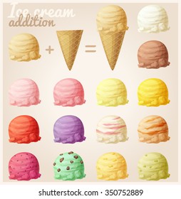 Set of cartoon icons. Ice cream scoops and waffle cone. Different favors and colors