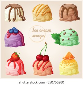 Set of cartoon icons. Ice cream scoops with different toppings and flavors. Vanilla with chocolate syrup, creme brulee with caramel, mint with chocolate chips, strawberry, cherry, orange