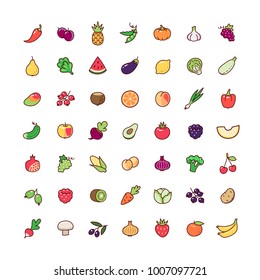 Set of cartoon icons isolated on white background. Collection of fruits and vegetables for design and decoration