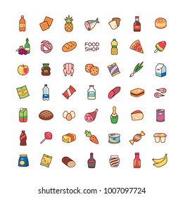 Set of cartoon icons isolated on white background. Collection of food for design and decoration