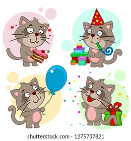 Set of cartoon icons for kids and cats design. Birthday holiday, a dog with a cake, with a bunch of gifts and in a cap, with a blue balloon and throwing candy.