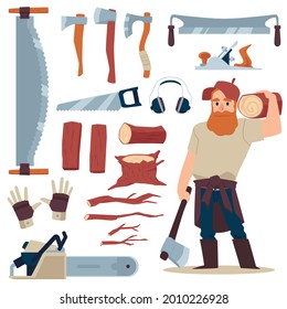 Set of cartoon icons of lumberjack working tools with character of woodcutter, flat vector illustration isolated on white background. Lumber and wood materials symbols.