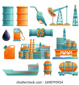 set of cartoon icons on the theme of oil production and refining, vector illustration