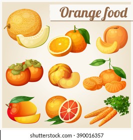 Set of cartoon icons. Orange food. Melon, orange, peach, apricot, persimmon, mandarine, mango,grapefruit, carrot