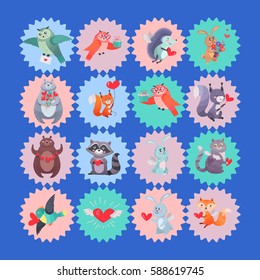 Set of cartoon icons or stickers with loving forest animals. Smiling mammals, birds, home pets with hearts and flowers in paws flat vectors. Funny animal cupids with wings for Valentine greeting cards