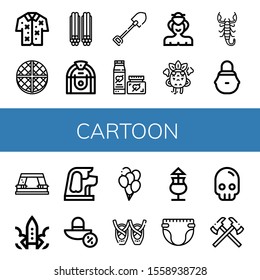 Set of cartoon icons. Such as Hawaiian, Wafer, Liquorice, Jukebox, Shovel, Cream, Sumo, Angry, Scorpion, Wicker basket, Paper punch, Rocket, Dog, Sun hat, Balloons , cartoon icons