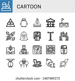 Set of cartoon icons such as Sandbox, God, Penguin, Galleon, Merry go round, Birdie, Spacecraft, Executioner, Trench coat, Iv pole, Zoo, Rocket, Croupier, Wedding day , cartoon