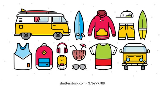 set of cartoon icons of surfing in flat style on white background
