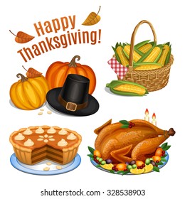 Set Of Cartoon Icons For Thanksgiving Dinner, Roast Turkey, Pumpkin, Pumpkin Pie, Pilgrim Hat, Corn. Vector Illustration