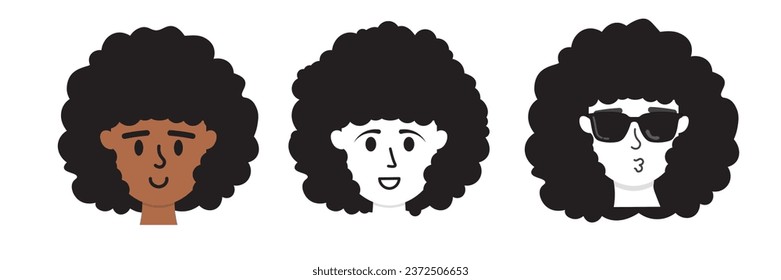 Set of Cartoon Illustrated People Icons with afro hair isolated on white background. Cartoon Faces with textured hair with volume. Vector Illustration.