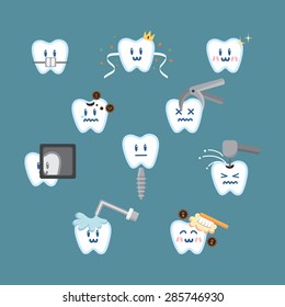 Set of cartoon illustrating dental procedures, hygiene and health.