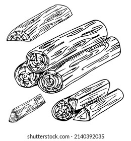 Set of cartoon illustration - black and white sketch log. building material wood. a natural element. the environment of forest.