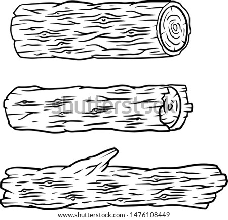 Set of cartoon illustration - black and white sketch log. building material wood. a natural element. the environment of forest.