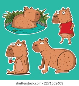 Set of Cartoon illustration of Capybara. Capybara Sticker set illustration. Capybara Mascot. Capybara Stickers set.