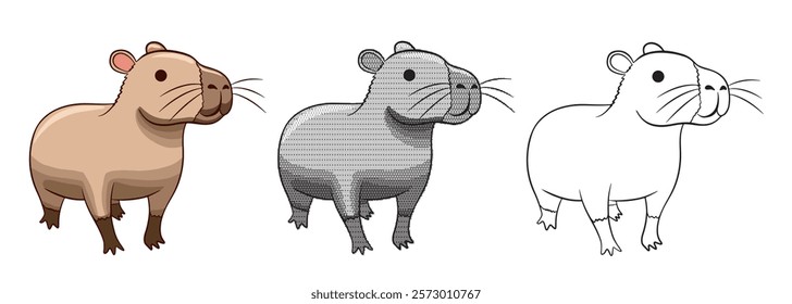 Set of cartoon illustration of a cute capybara. This is a typical animal from South America