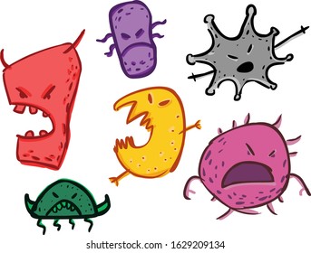 set cartoon illustration of a germ of evil virus bacteria in full color