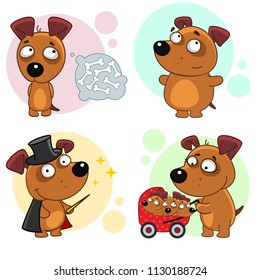 A set of cartoon illustration icons for design and children with dogs, a fat and thin dog, a magician and a mom with a stroller and puppies.