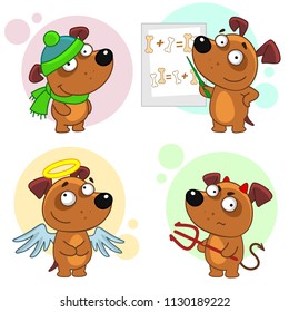 Set of cartoon illustration icons for design and children with dogs, Dog angel, devil, teacher with presentation and in hat with scarf.