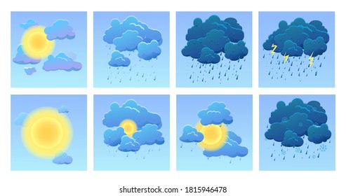 set of cartoon illustration sun, clouds, clouds, rain, lightning, snow, for weather forecast
