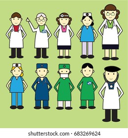 set cartoon illustration vector of doctors , nurses, medical staff on green background