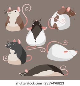 set of cartoon illustrations about cute fat mice