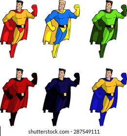 Set of cartoon illustrations of a brave handsome super hero