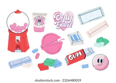 set cartoon illustrations of chewing gum. Cartoon chewing candies. Mint flavor chewing gum.
Tooth with chewing gum. Fresh breath.Retro 70s, 80s, 90s hippie stickers. gum foil pack. Pink,mint