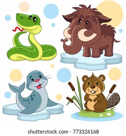 A set of cartoon illustrations for children. The image of a snake, a mammoth, a seal on an ice floe and a beaver in reeds.