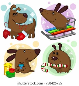Set of cartoon illustrations with dogs for design. An image of a dog sledding, a dog with mittens, a dog with gifts and a dog with candy.