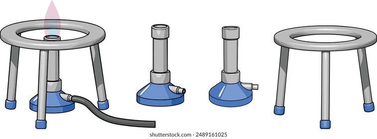 Un conjunto de ilustraciones de dibujos animados con quemadores Bunsen y trípodes de laboratorio, perfectos para contenido educativo y científico.