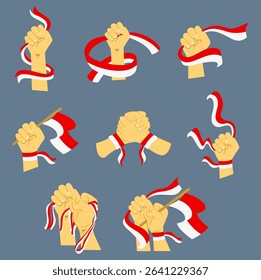 A set of cartoon illustrations featuring hands holding red and white ribbon or flag elements in various poses. Perfect for graphic design or creative projects.